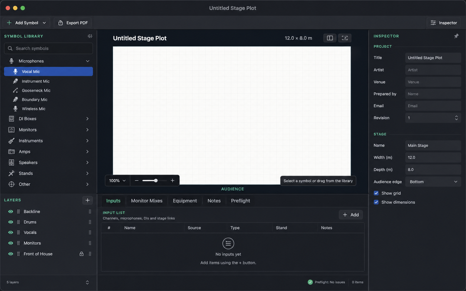 Stage Plot Forge editor showing a stage canvas, symbol library, input list, layers, and inspector